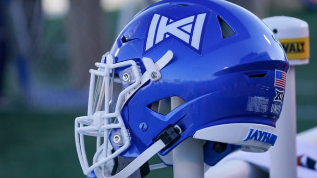 Oct 16, 2021; Lawrence, Kansas, USA; A general view of a Kansas Jayhawks helmet against the Texas Tech Red Raiders during the second half at David Booth Kansas Memorial Stadium. Mandatory Credit: Denny Medley-USA TODAY Sports